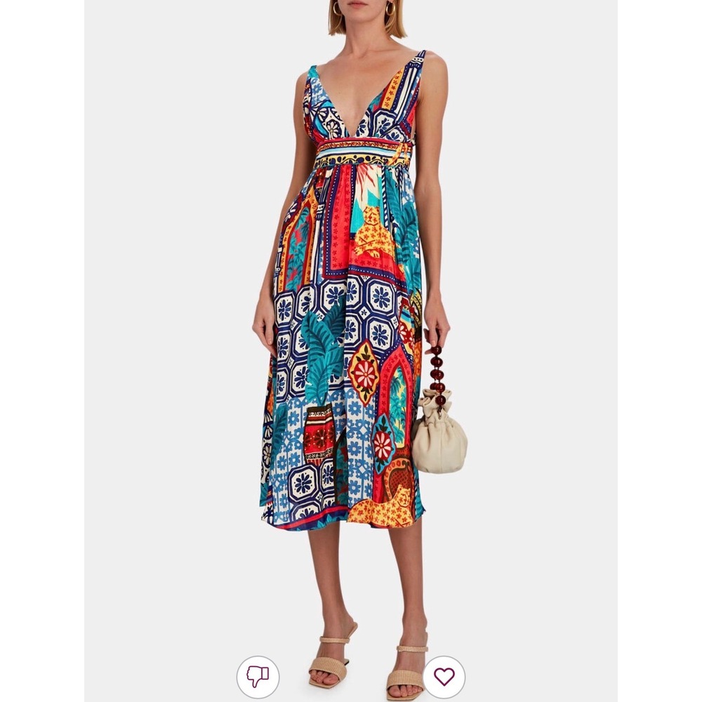 NWOT Farm Rio Med Forest Tiles V-Neck Midi Dress Multicolor Toucan Vaca Bold